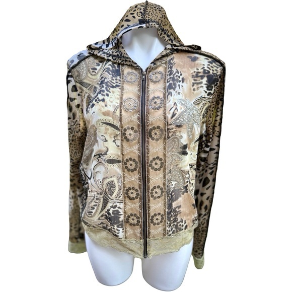 Y2K Sheer Mesh Hoodie L Leopard Mixed Print Lace Trim - Picture 1 of 7